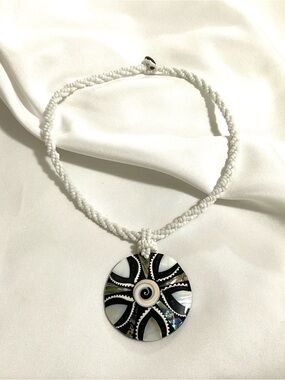 ABALONE  SHELL INLAYED PENDANT on a  Glass SEED BEADED NECKLACE